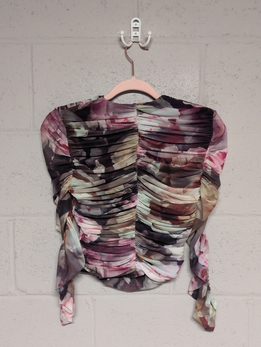 Express Body Contour Mesh Floral Ruched Cropped Top Blouse Small, Coquette Girl - Picture 5 of 8